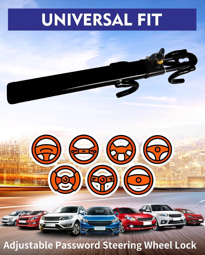 Dodomes Steering Wheel Lock Anti-Theft Heavy Duty Secure Car Device, Adjustable Length Clamp Double Hook Locks Universal Fit (Black) - Image 2